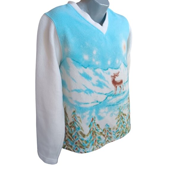 Vintage Women's Fleece Sweater Medium Catalina Mountain Scene V-Neck Deer Trees - Picture 3 of 5